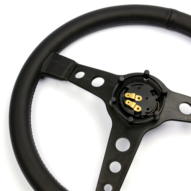 Steering Wheel Leatherette 14" Retro Black Spoke Black Stitching